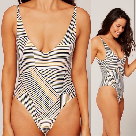 L*Space Black and White Geometric v neck high leg One Piece Swimsuit - Picture 2 of 5